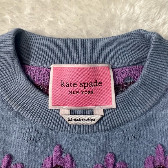 Kate Spade Marker Floral Puff Sleeve Sweater XS Blue Purple - Picture 4 of 5